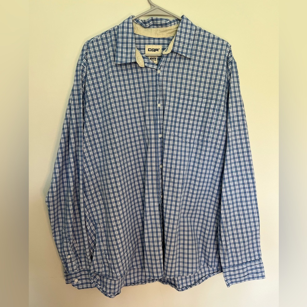 CQR Men's Plaid Flannel Button-Up Shirt Long Sleeve Blue White Size XL